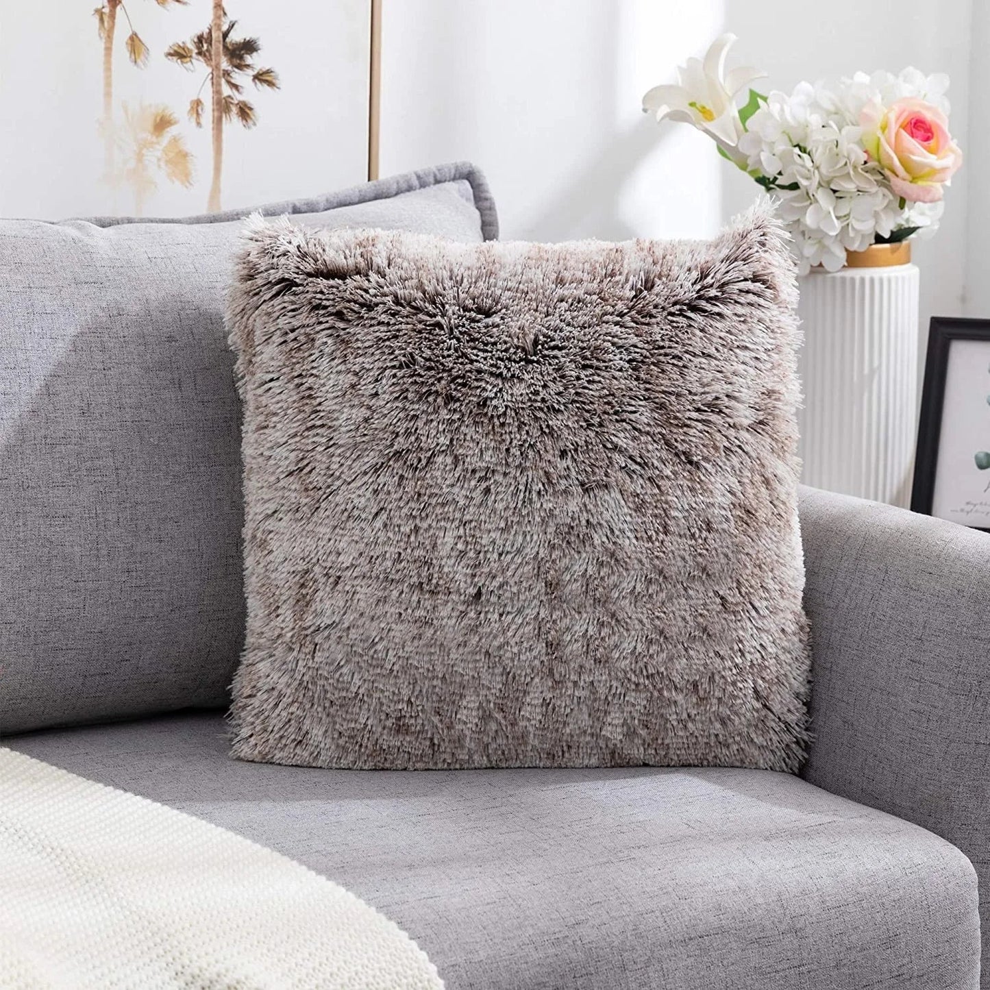DecorBites™ Cozy Plush Fur Cushion Cover 43x43cm White Grey Sofa Decor Pillowcase