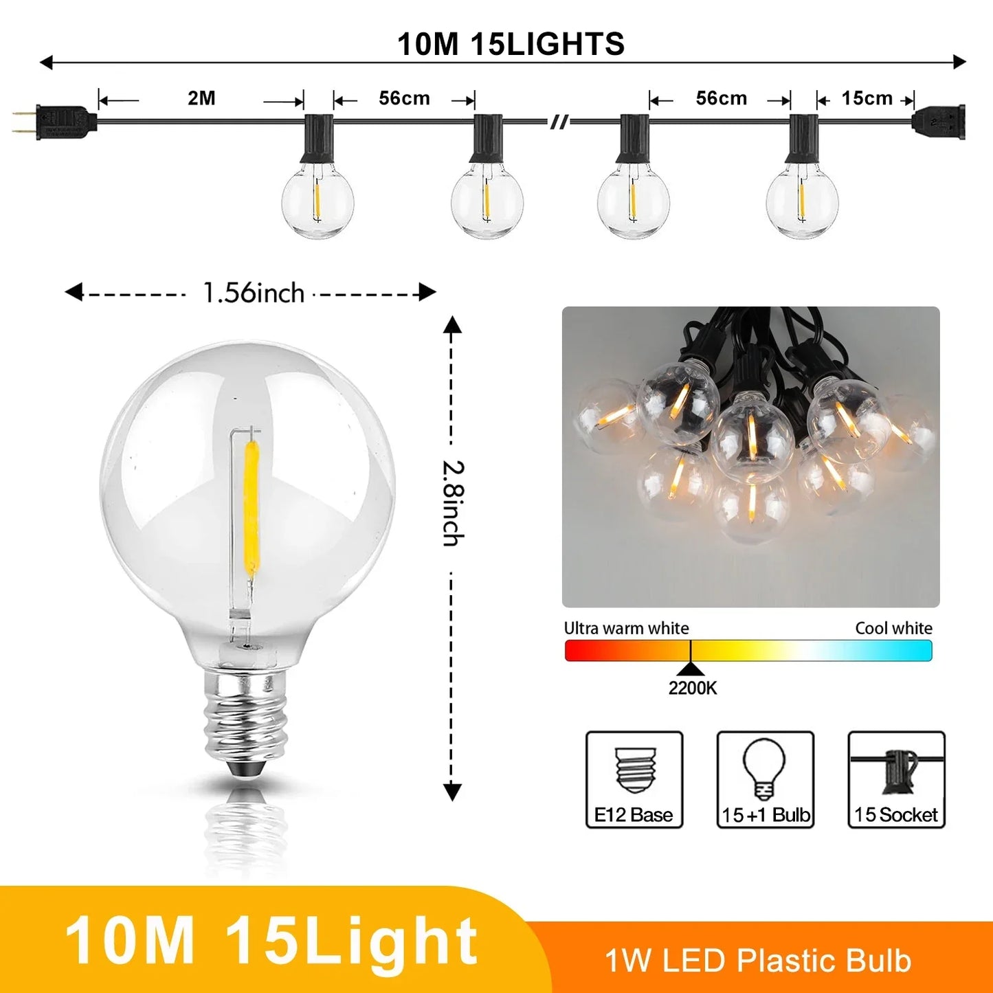 DecorBites™ G40 LED Shatterproof Globe Outdoor Patio String Lights