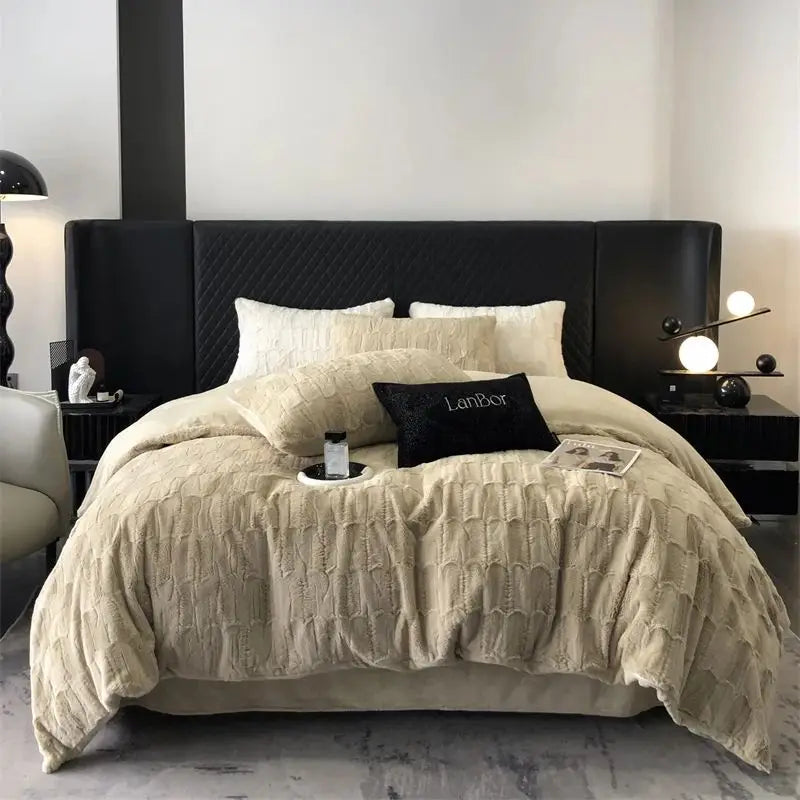 DecorBites™ Cozy Faux Rabbit Fur Bedding Set in Black & Grey: Duvet, Sheets, Pillowcases