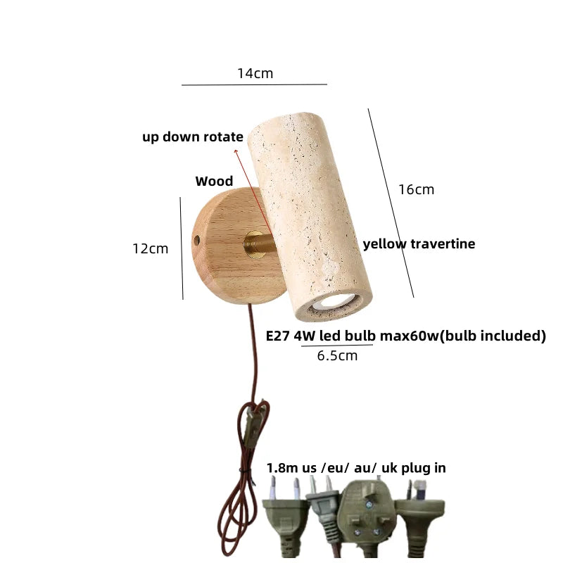 DecorBites™ LED Wall Sconce Yellow Travertine Stone Wood Nordic Modern Rotate Bedside Lamp