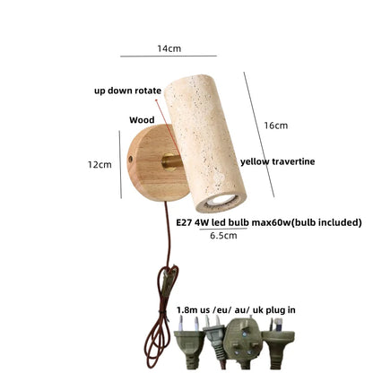 DecorBites™ LED Wall Sconce Yellow Travertine Stone Wood Nordic Modern Rotate Bedside Lamp