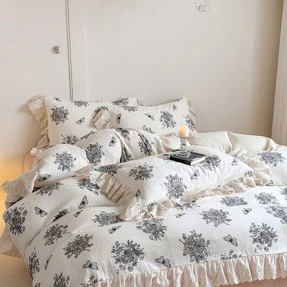 DecorBites™ French Lace Ruffles Floral 100% Cotton Bedding Set with Duvet Cover, Sheet, Pillowcases