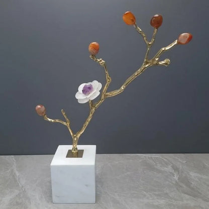 DecorBites™ Crystal Flower Tree Sculpture: Golden Branches with Marble Base