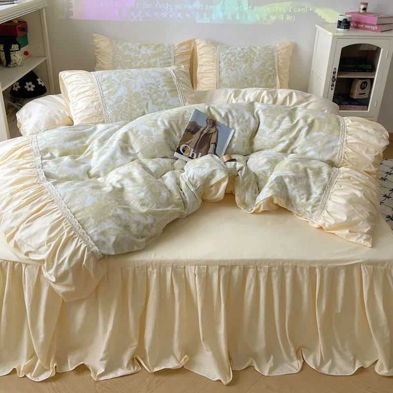 DecorBites™ Korean Princess Flowers Bedding Set - Duvet Cover, Bed Skirt, Pillowcases