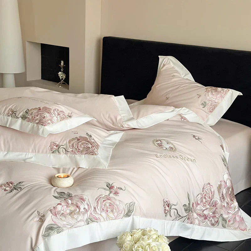 DecorBites™ 4-Piece Pink Purple Flowers Embroidery Bedding Set in 1000TC Egyptian Cotton