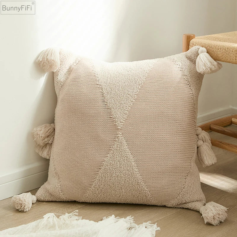 DecorBites™ Knitted Mustard Blue Tassel Cushion Cover for Home Sofa Bed Decor