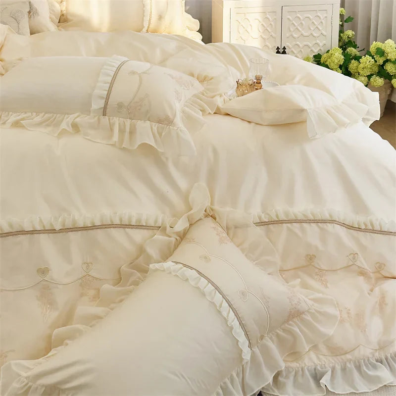 DecorBites™ Elegant Heart Embroidery Lace Princess Wedding Bedding Set