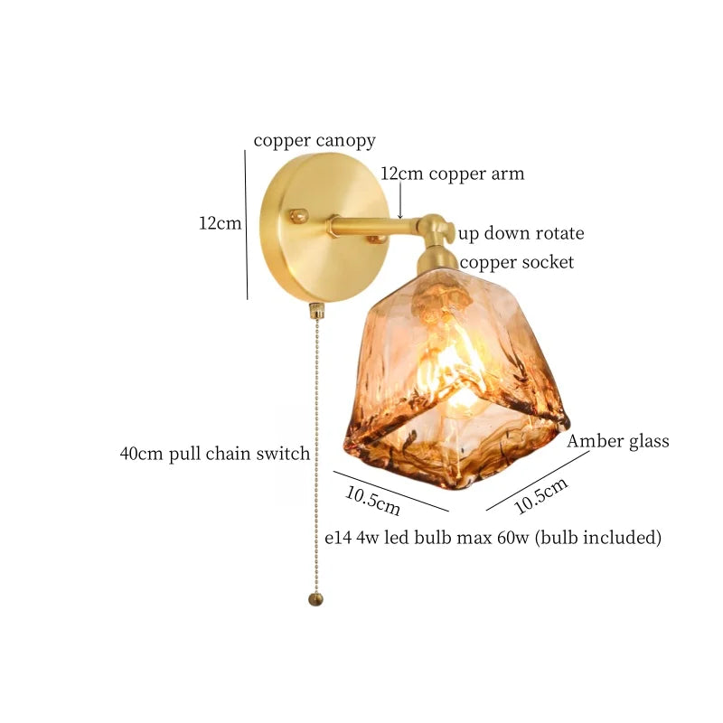 Amber Glass Wall Lamp Pull Chain Switch