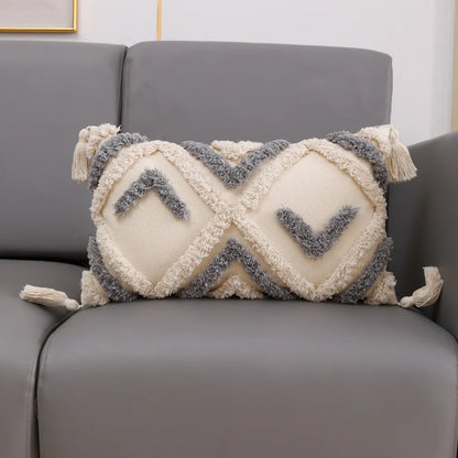 DecorBites™ Grey Geometric Tufted Cushion Cover with Fringe, Home & Car Decor Pillow Cover