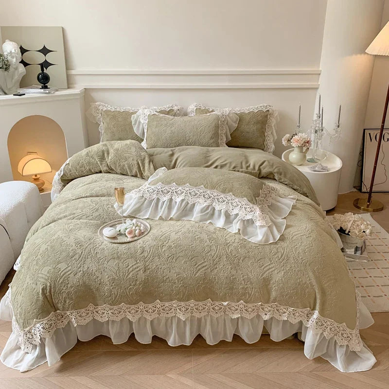 DecorBites™ French Lace Ruffles Velvet Bedding Set, Furry Duvet, Sheet, Pillowcases
