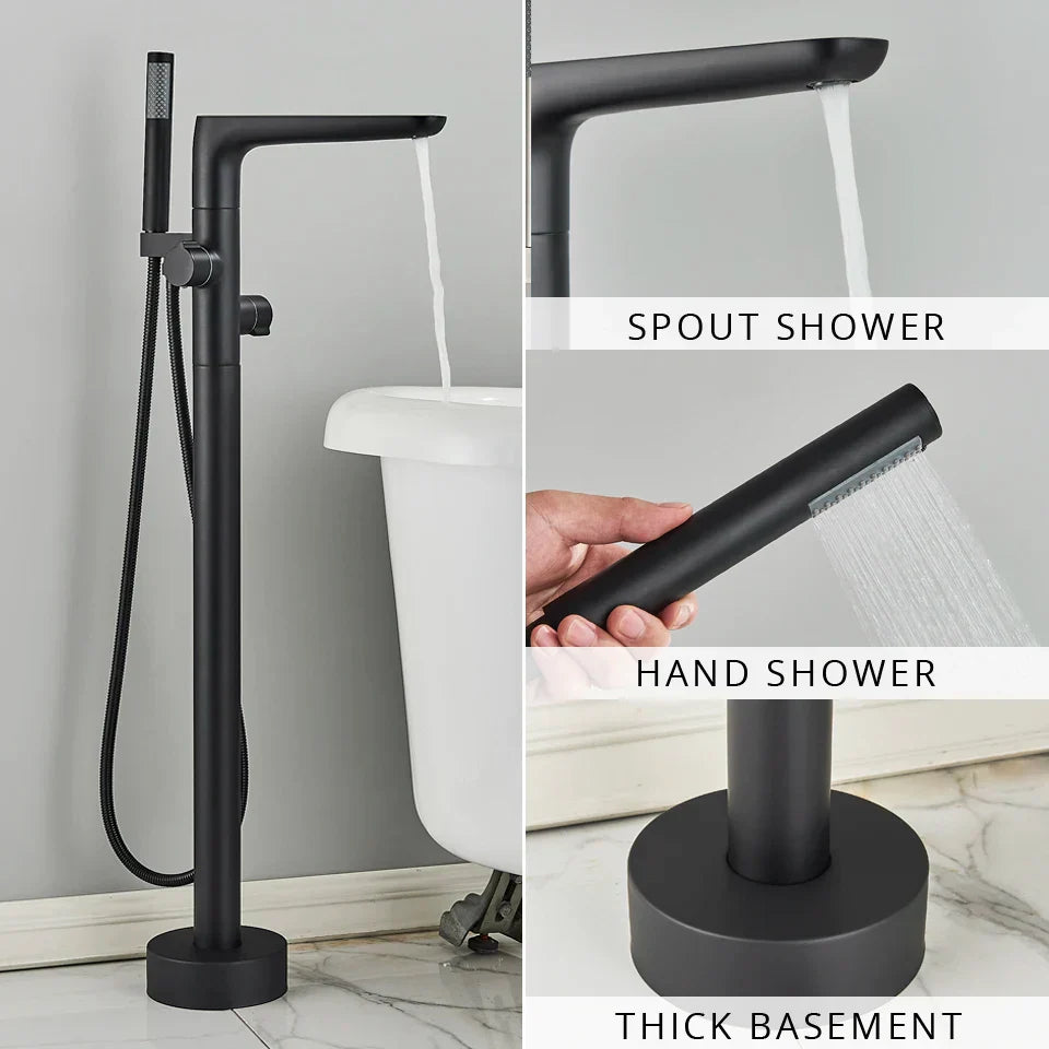 DecorBites™ Dual Handle Black Waterfall Bathtub Faucet Floor Standing Set for Bathroom