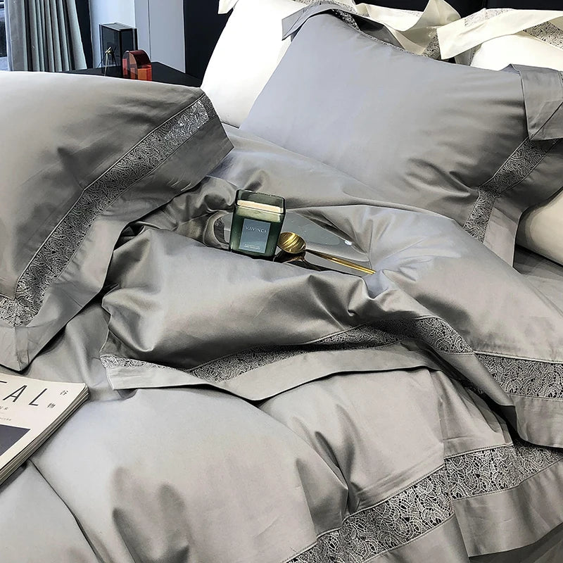 DecorBites™ Grey Hollow Lace 1000TC Egyptian Cotton Bedding Set with Wide Edge