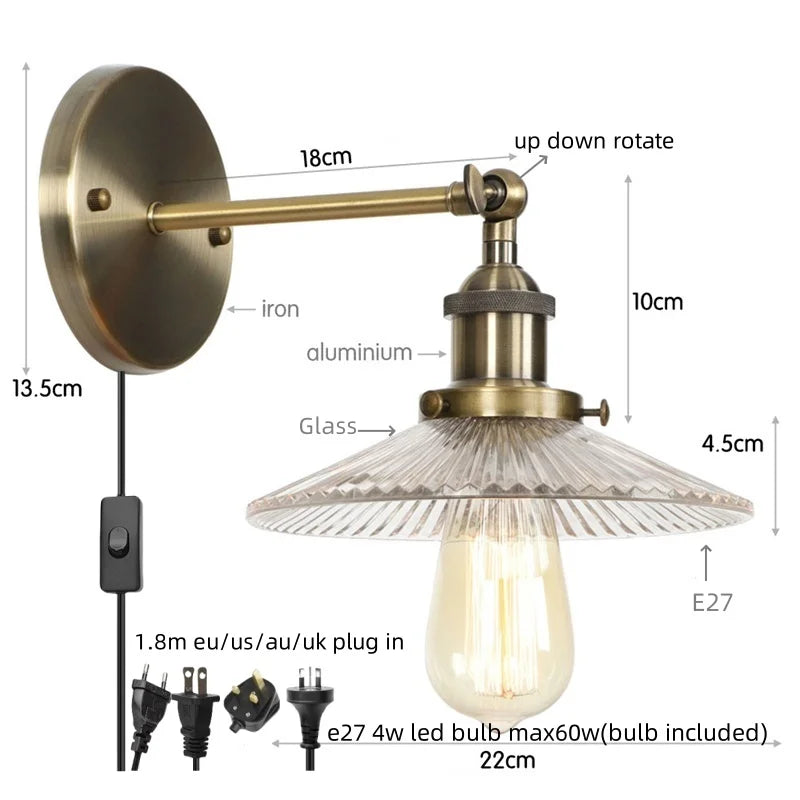 DecorBites™ Industrial Loft LED Wall Lights for Bedroom, Plug In Stairs Lamp