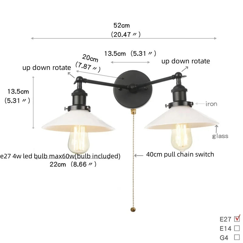 DecorBites™ Industrial LED Wall Light Fixture with Glass Pull Chain Switch - 2 Heads