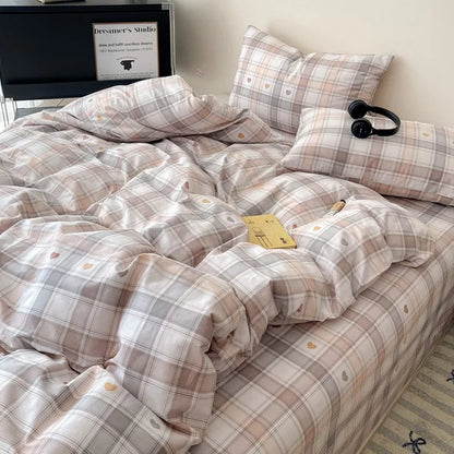 DecorBites™ Cotton Grid Bedding Set - Soft & Stylish Bed Sheet, Quilt Cover Kit