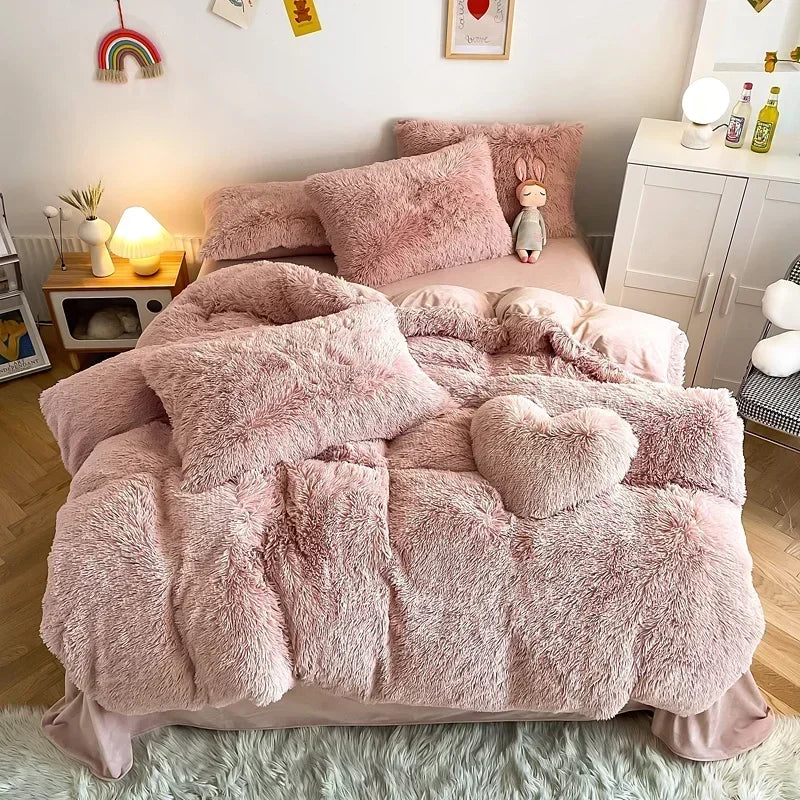 DecorBites™ Fluffy Faux Fur Bedding Set: Duvet Cover, Sheet, Pillowcase - Soft & Warm