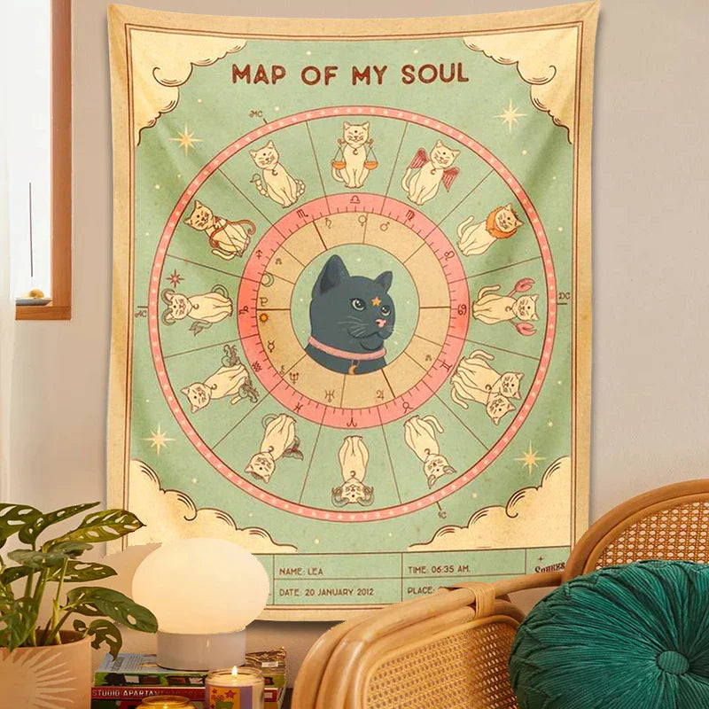 DecorBites™ Cat Tapestry Soul Tarot Zodiac Constellation Wheel Retro Boho Living Room Decor