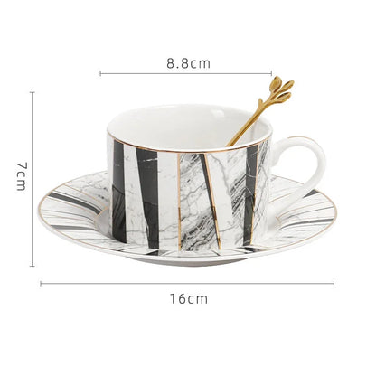 DecorBites™ Gilded Marble Texture Ceramic Cup & Saucer Set for Dining Table Tea & Coffee
