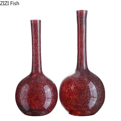 DecorBites™ Gilded Red Glass Vase with Artificial Flowers - Modern Desk Decor