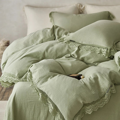 DecorBites™ Lace Edge Cotton Bedding Set for Soft Skin with Duvet, Sheets, and Pillowcases