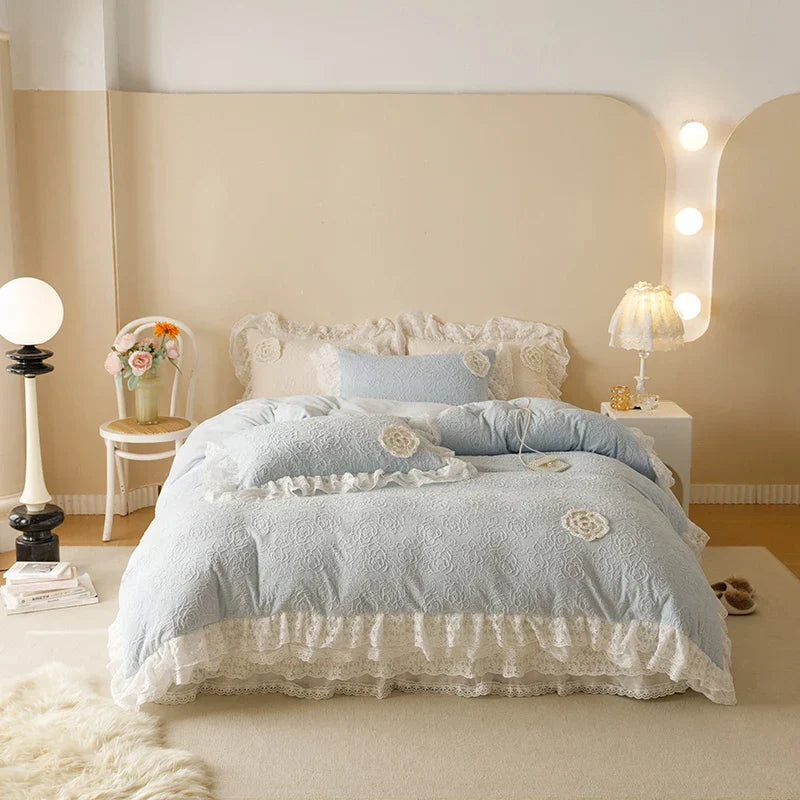 DecorBites™ Luxe Carved Velvet Lace Ruffles Bedding Set with Quilted Bed Skirt