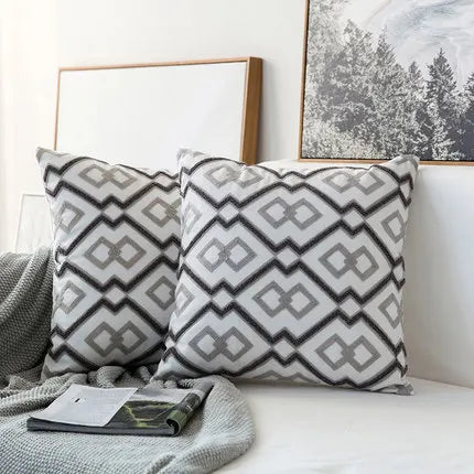DecorBites™ Geometric Embroidered Cushion Cover in Grey Canvas Cotton 45x45cm