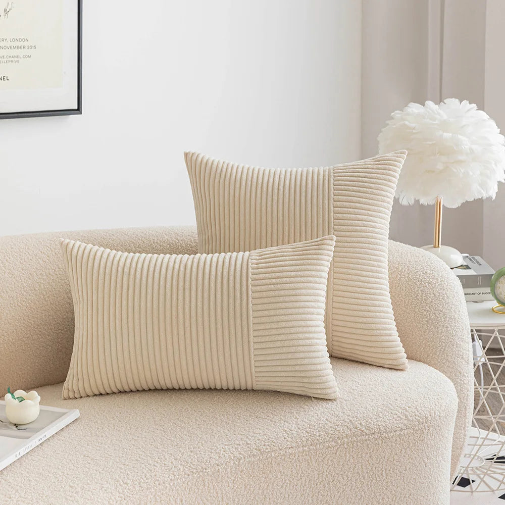 DecorBites™ Corduroy Striped Patchwork Throw Pillow Covers Set, Farmhouse Style Yellow Classic Pillowcases