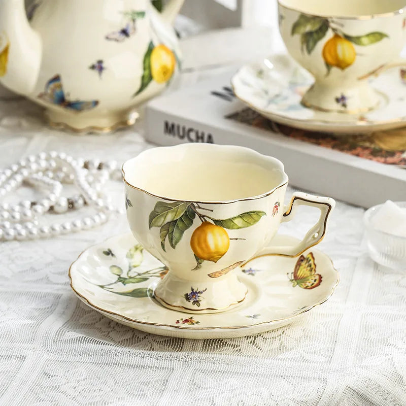 DecorBites™ Lemon Pattern Porcelain Tea Set: Teapot, Kettle, Handle Cup, Mugs