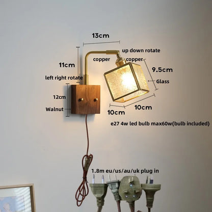 DecorBites™ LED Walnut Wood Cube Glass Wall Light with Pull Chain Switch