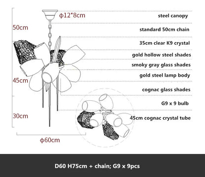 DecorBites™ Glass Shades LED Chandelier Stairs Art Metal Lighting Luxe Chain Hanging Lamp