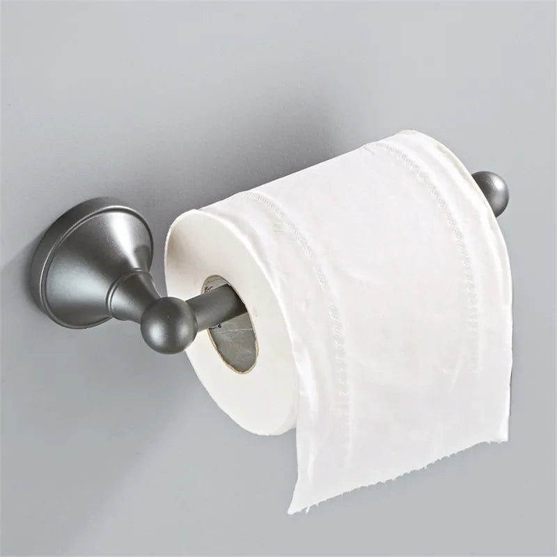 DecorBites™ Gray Bathroom Accessories Set: Towel Rack, Toilet Brush Holder, Shelf, Soap Dish
