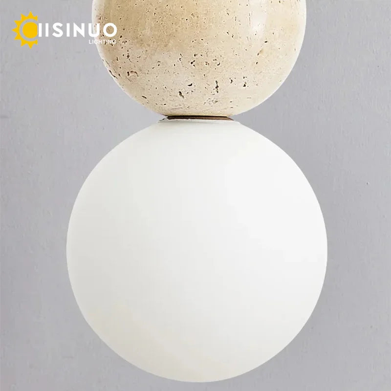 Wabi Sabi Cream Stone Pendant Light With Wooden Accent