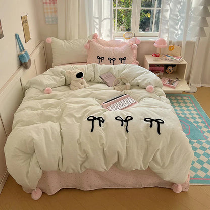 DecorBites™ Korean Princess Bow Lattice Pompom Bedding Set - Single Queen Size
