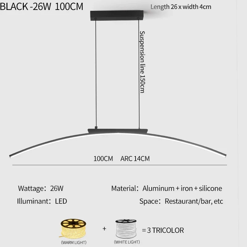 Modern Curved Bridge LED Pendant Light in Black or Gold