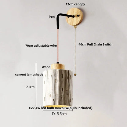 DecorBites™ Adjustable Wall Lights Pull Chain Switch Wood Socket Cement Modern Bedside Lamp