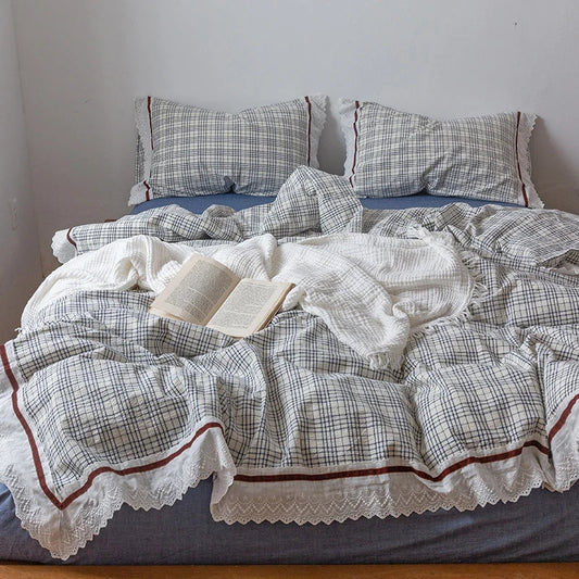 DecorBites™ Korean Seersucker Lace Ruffles Bedding Set for Girls