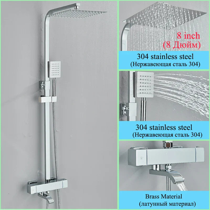 DecorBites™ Golden Thermostatic Shower Faucet Set with Rainfall Shower Column and 3-Way Mixer