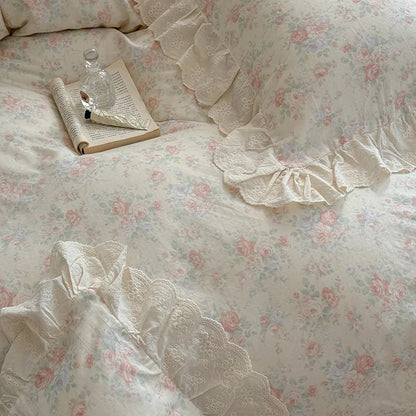 DecorBites™ Elegant Floral Lace Ruffles Bedding Set with Double Yarn - Soft Cotton Blend