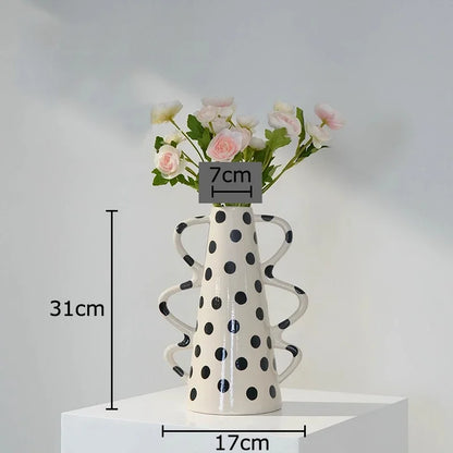 DecorBites™ Black Polka Dot Ceramic Vase for Table Flower Arrangement and Room Decor