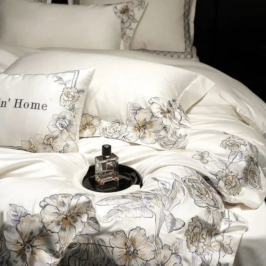 DecorBites™ Luxe Embroidered Cotton Bedding Set: Duvet Cover, Pillowcases, Flat Sheet