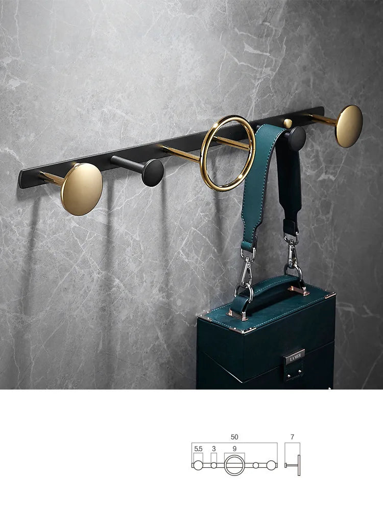 DecorBites™ Gold & Black Bathroom Hardware Set: Shelf, Towel Rack, Paper Holder, Brush Holder