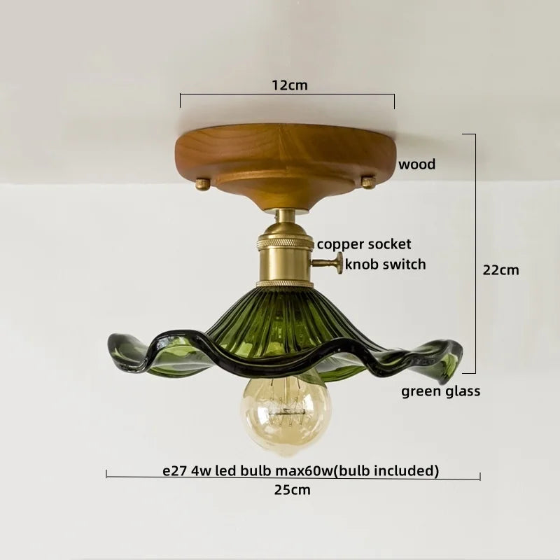 DecorBites™ Green Glass LED Ceiling Lamp Nordic Wood Copper Ceiling Lights