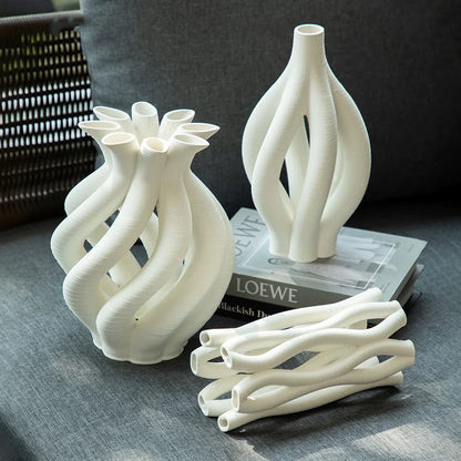 DecorBites™ Geometric Ceramic Hollow Vases Spiral Pipe Floral Arrangement Home Decor Figurines
