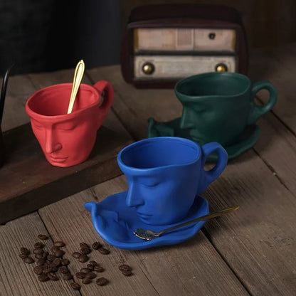 DecorBites™ Frosted Ceramic Face Mug Set: Cup, Saucer, Spoon for Coffee, Tea, Milk