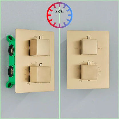 DecorBites™ Brushed Gold LED Thermostatic Shower Faucet Set with Ceiling Rainfall Shower Head