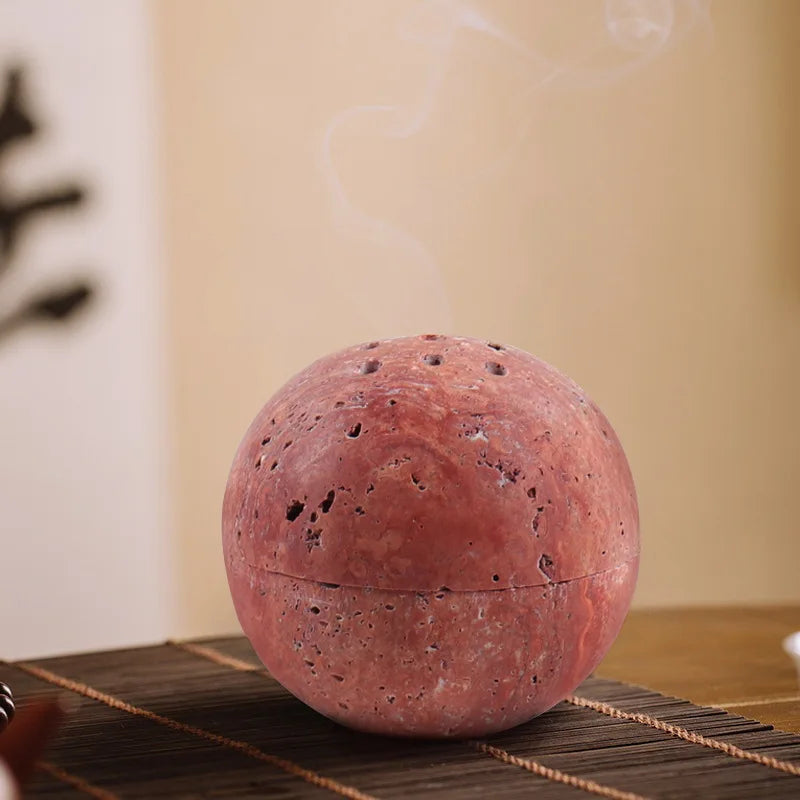 DecorBites™ Beige Travertine Marble 9-Hole Sphere Incense Burner Burner Wood Plate Holder