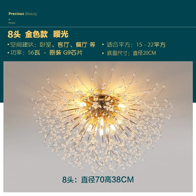 Gold Dandelion Crystal Chandelier 8-Head Nordic