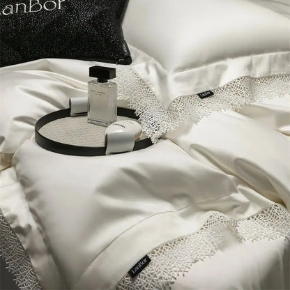 DecorBites™ French Lace Edge Bedding Set, 1000TC Egyptian Cotton, Queen King, Duvet, Sheet, Pillowcases