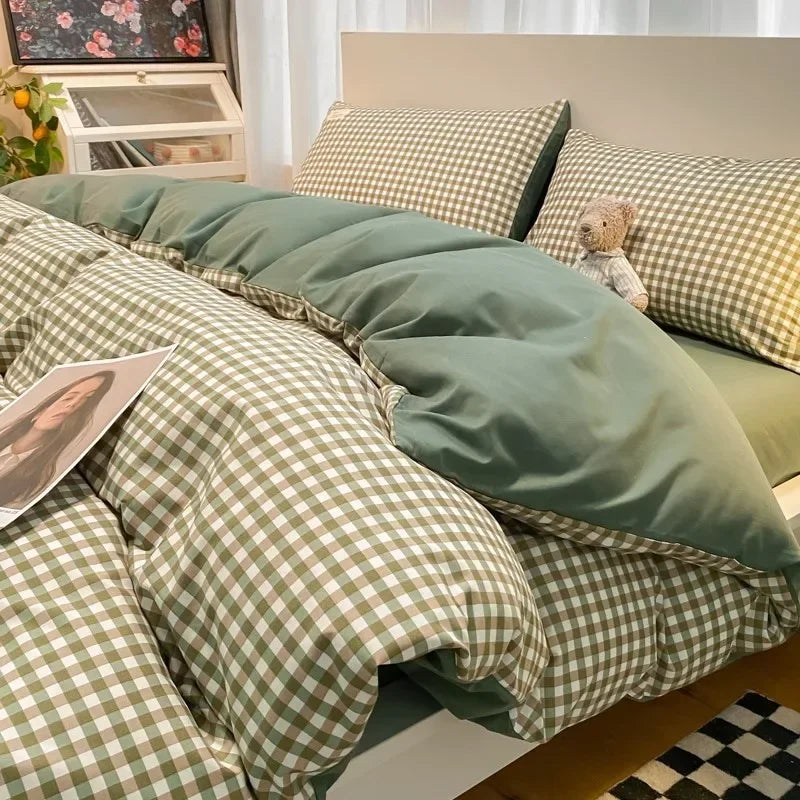 Cotton Grid Print Bed Set