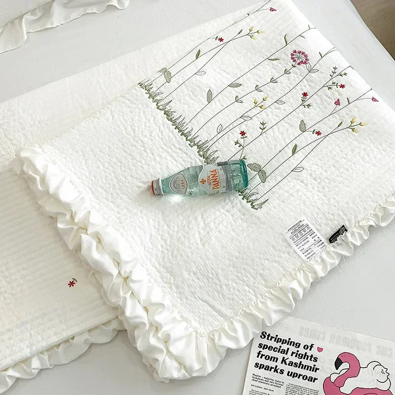 DecorBites™ Fresh Flower Embroidered Summer Quilt Set - Lightweight Ruffled Comforter
